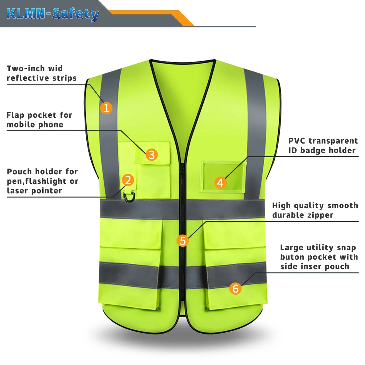 S-5XL Custom LOGO Safety Vest with Pockets and Zipper High Visibility Construction Vest Workwear