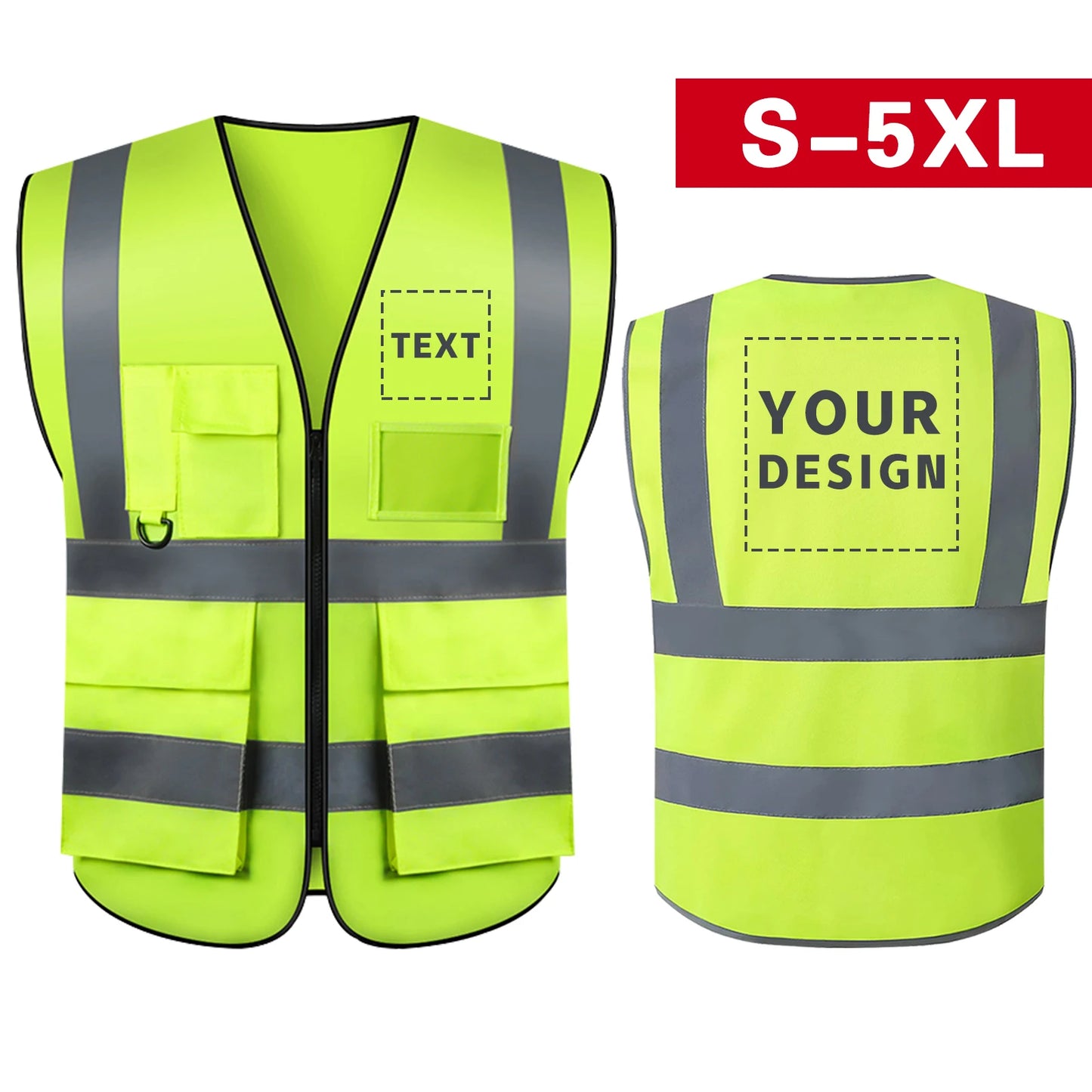 S-5XL Custom LOGO Safety Vest with Pockets and Zipper High Visibility Construction Vest Workwear