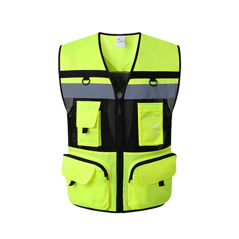 High Visibility Safety Vest Work Clothes with Zipper front Multi-Pocket Traffic Construction Site Safety Clothing