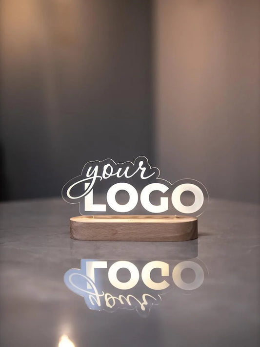 Custom Acrylic Business Logo Sign Personalized Brand QR Plaque Light Lamp Corporate Gifts Wood Social Media Table Decor Sign
