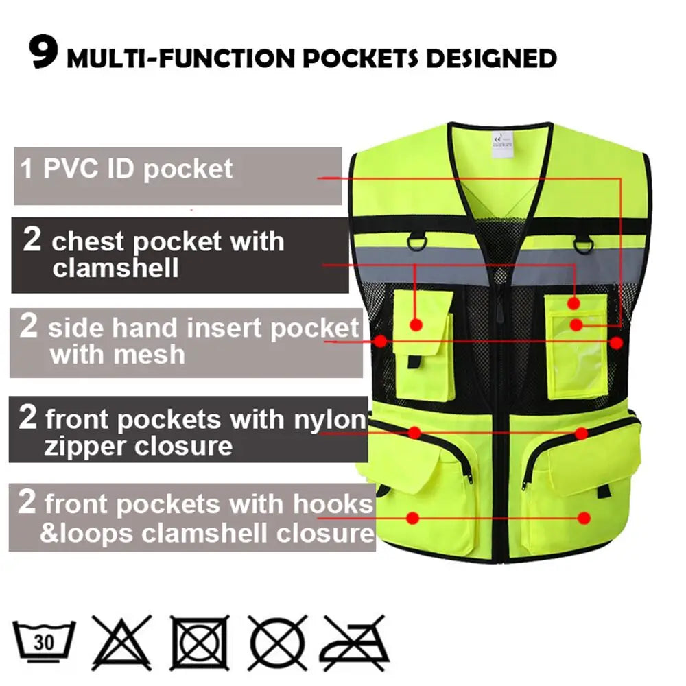 High Visibility Safety Vest Work Clothes with Zipper front Multi-Pocket Traffic Construction Site Safety Clothing