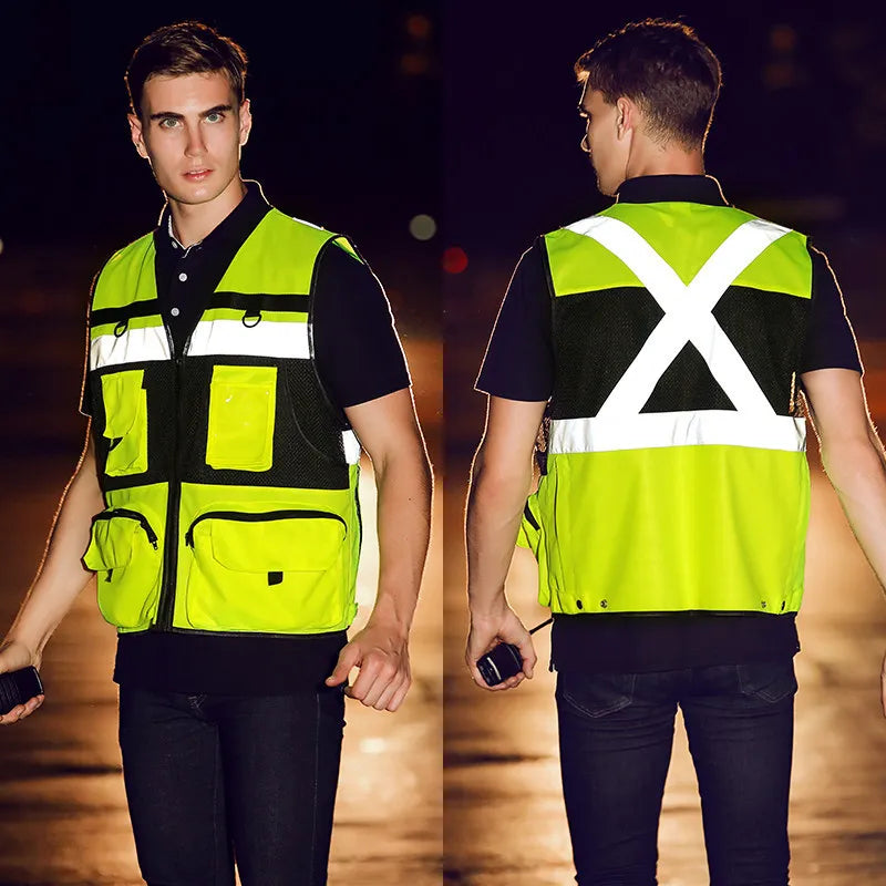 High Visibility Safety Vest Work Clothes with Zipper front Multi-Pocket Traffic Construction Site Safety Clothing