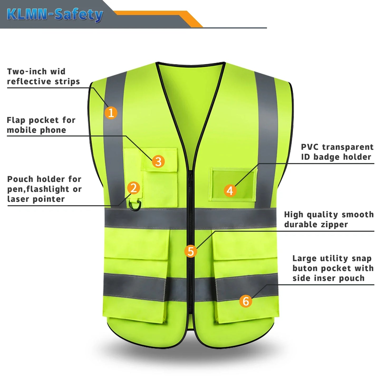 S-5XL Custom LOGO Safety Vest with Pockets and Zipper High Visibility Construction Vest Workwear