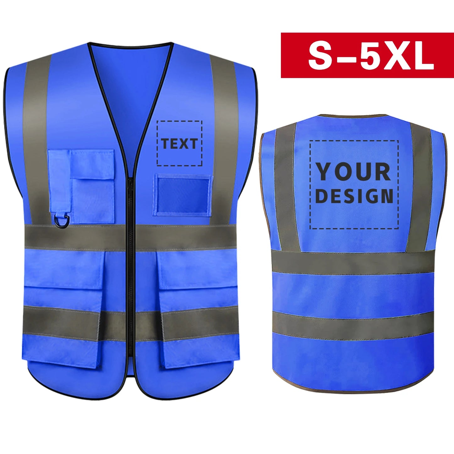S-5XL Custom LOGO Safety Vest with Pockets and Zipper High Visibility Construction Vest Workwear