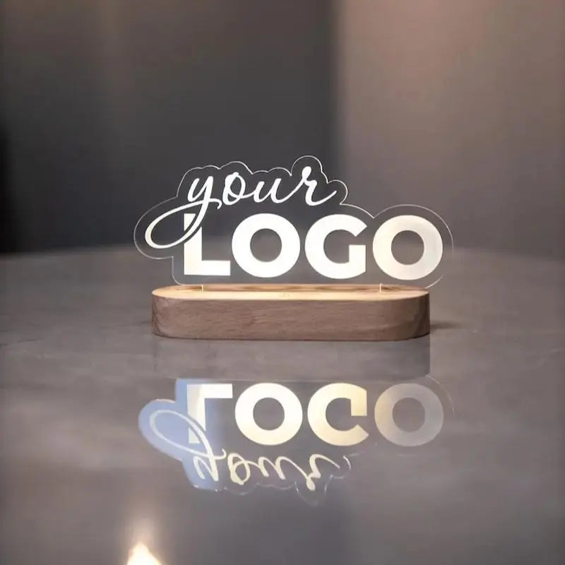 Custom Acrylic Business Logo Sign Personalized Brand QR Plaque Light Lamp Corporate Gifts Wood Social Media Table Decor Sign