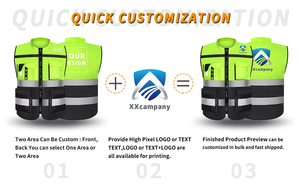 Custom LOGO Safety Vest with Pockets and Zipper Construction Vest Two Tone Workwear Vest Volunteer Uniform