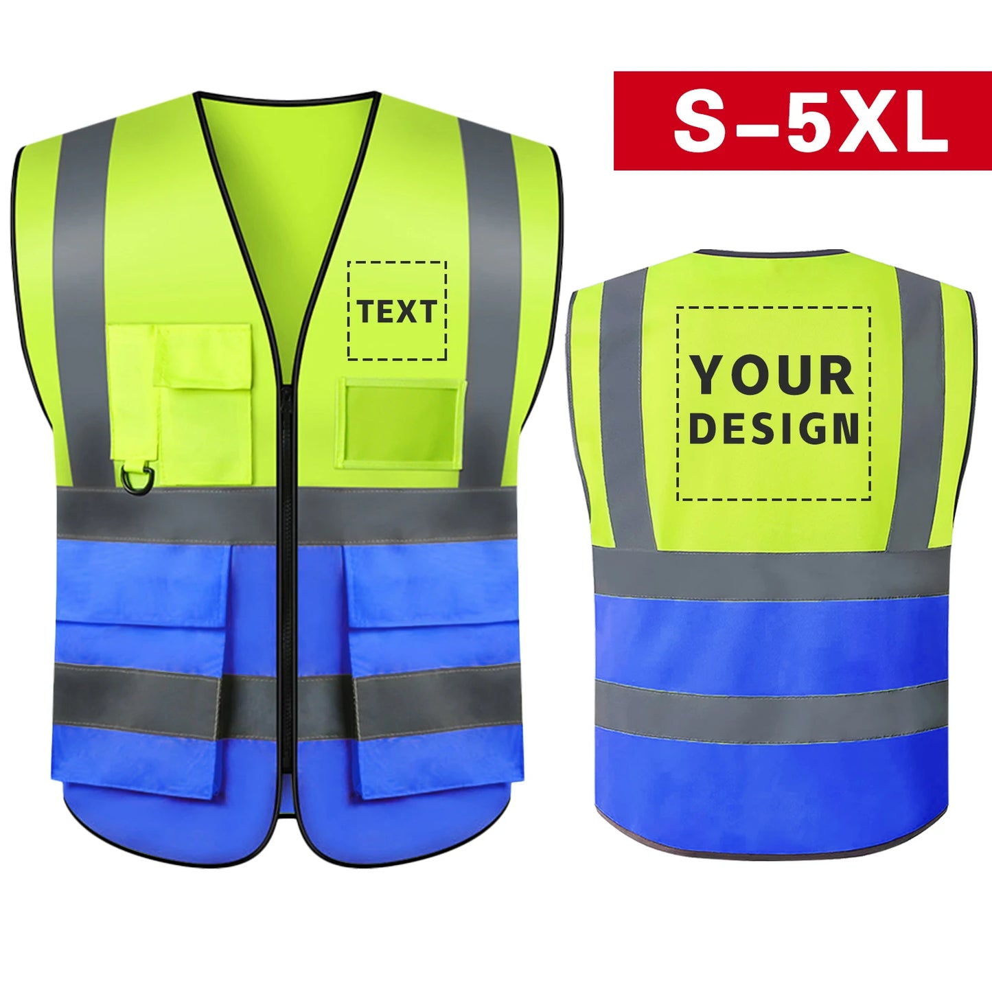 S-5XL Custom LOGO Safety Vest with Pockets and Zipper High Visibility Construction Vest Workwear