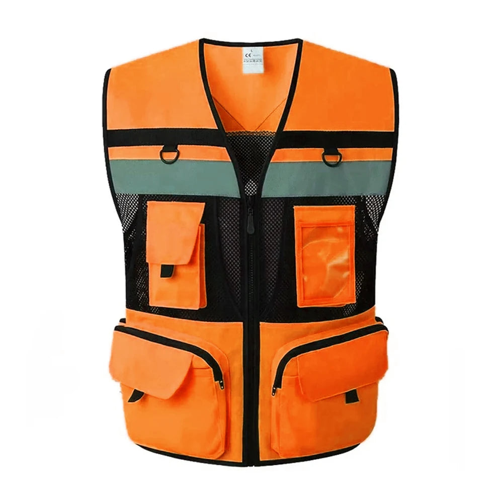 High Visibility Safety Vest Work Clothes with Zipper front Multi-Pocket Traffic Construction Site Safety Clothing