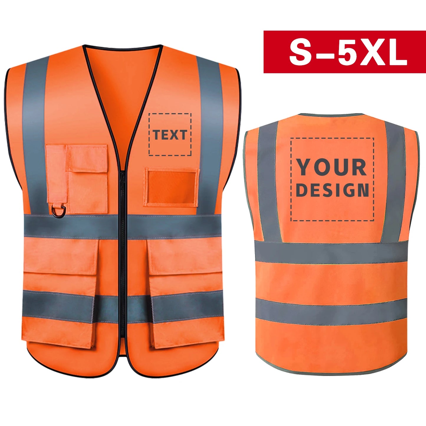 S-5XL Custom LOGO Safety Vest with Pockets and Zipper High Visibility Construction Vest Workwear