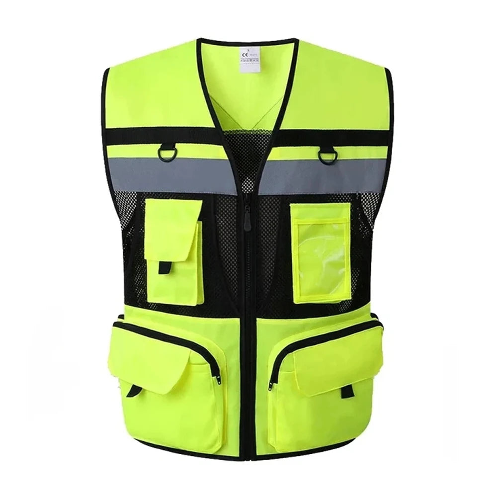 High Visibility Safety Vest Work Clothes with Zipper front Multi-Pocket Traffic Construction Site Safety Clothing