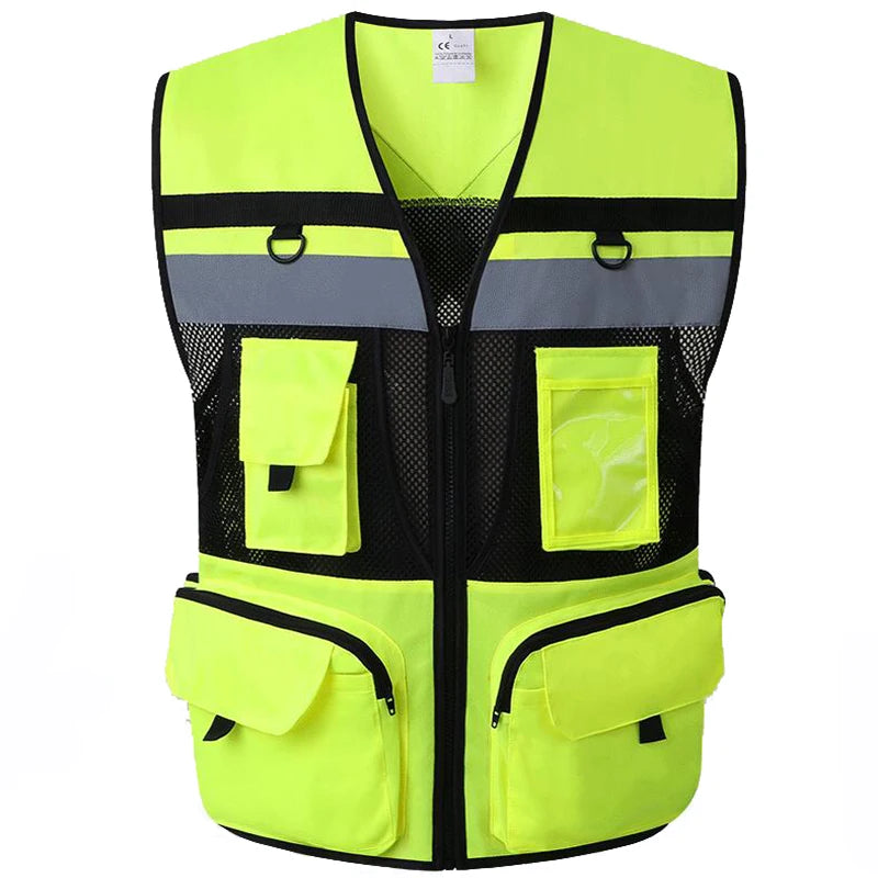 High Visibility Safety Vest Work Clothes with Zipper front Multi-Pocket Traffic Construction Site Safety Clothing