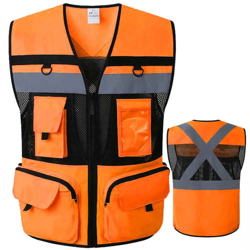 High Visibility Safety Vest Work Clothes with Zipper front Multi-Pocket Traffic Construction Site Safety Clothing